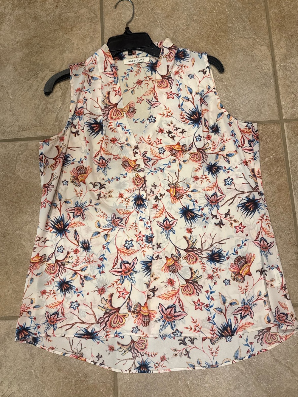 Rose & Olive Cream Floral Sleeveless V-Neck Camisole with Navy & Coral Print